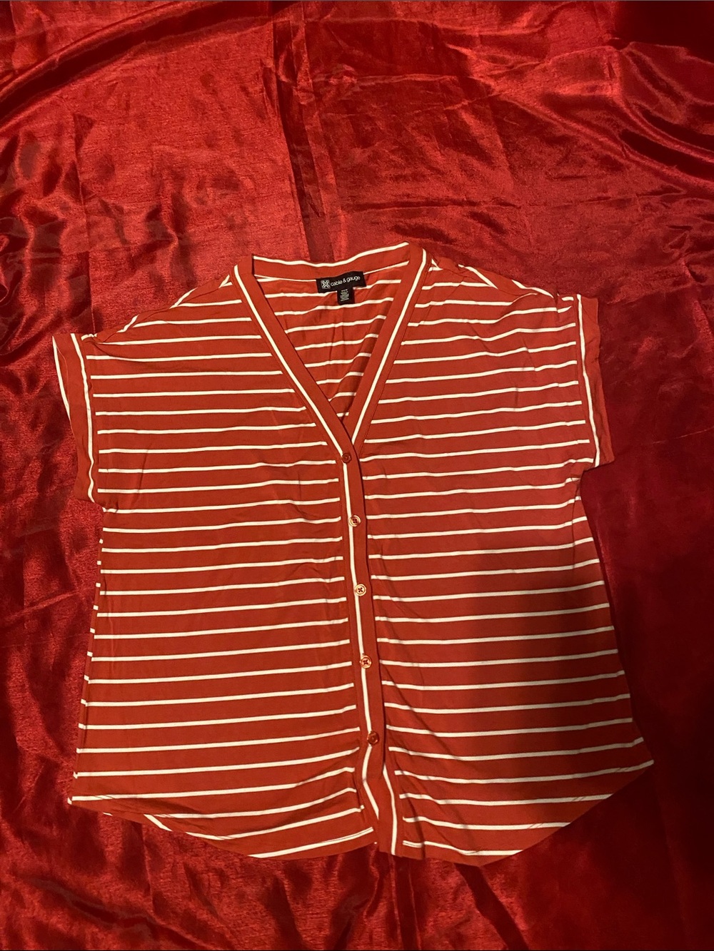 Cable & Gauge Red and Cream Striped Button Front Top